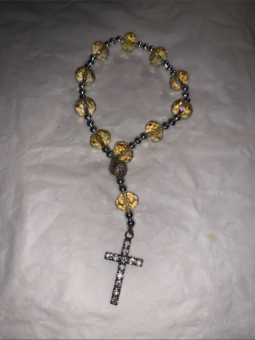 Yellow Crystal Rosary Stretch Bracelet with Rhinestone Cross